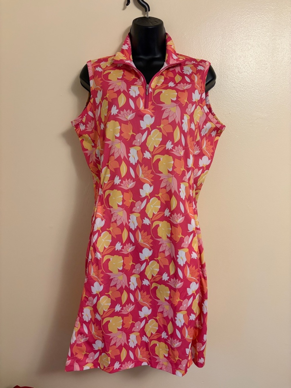 Sleeveless Pink Floral Zip Polo Mini Dress